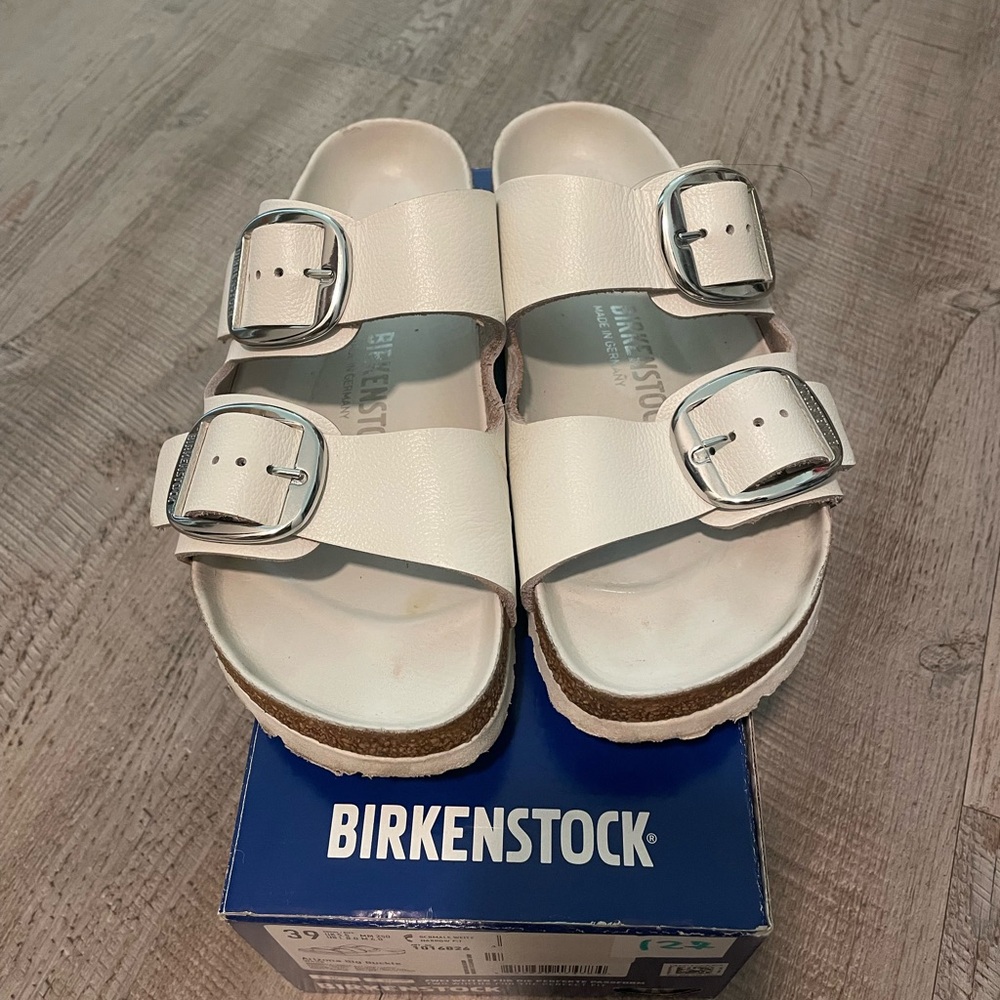 Birkenstock Women's Arizona Big Buckle Slide White Sandals with Silver Buckles